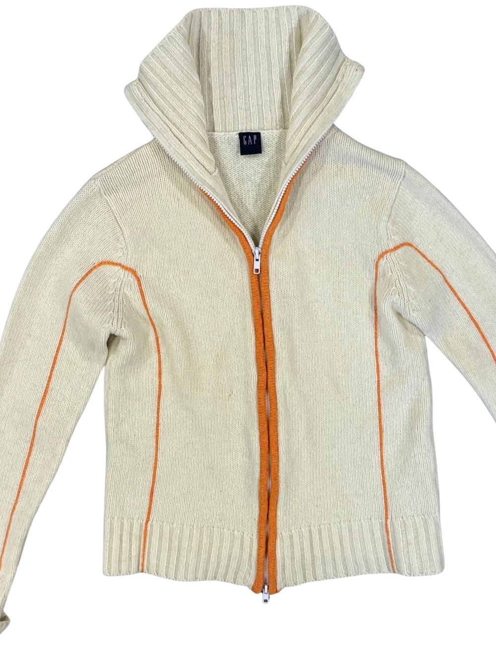 Vtg GAP Cream 100% Wool Zip-Up Sweater with Orange Trim